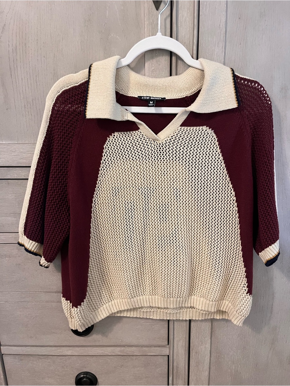 Steve Madden Maroon and Cream Collared Knit V-Neck Sweater